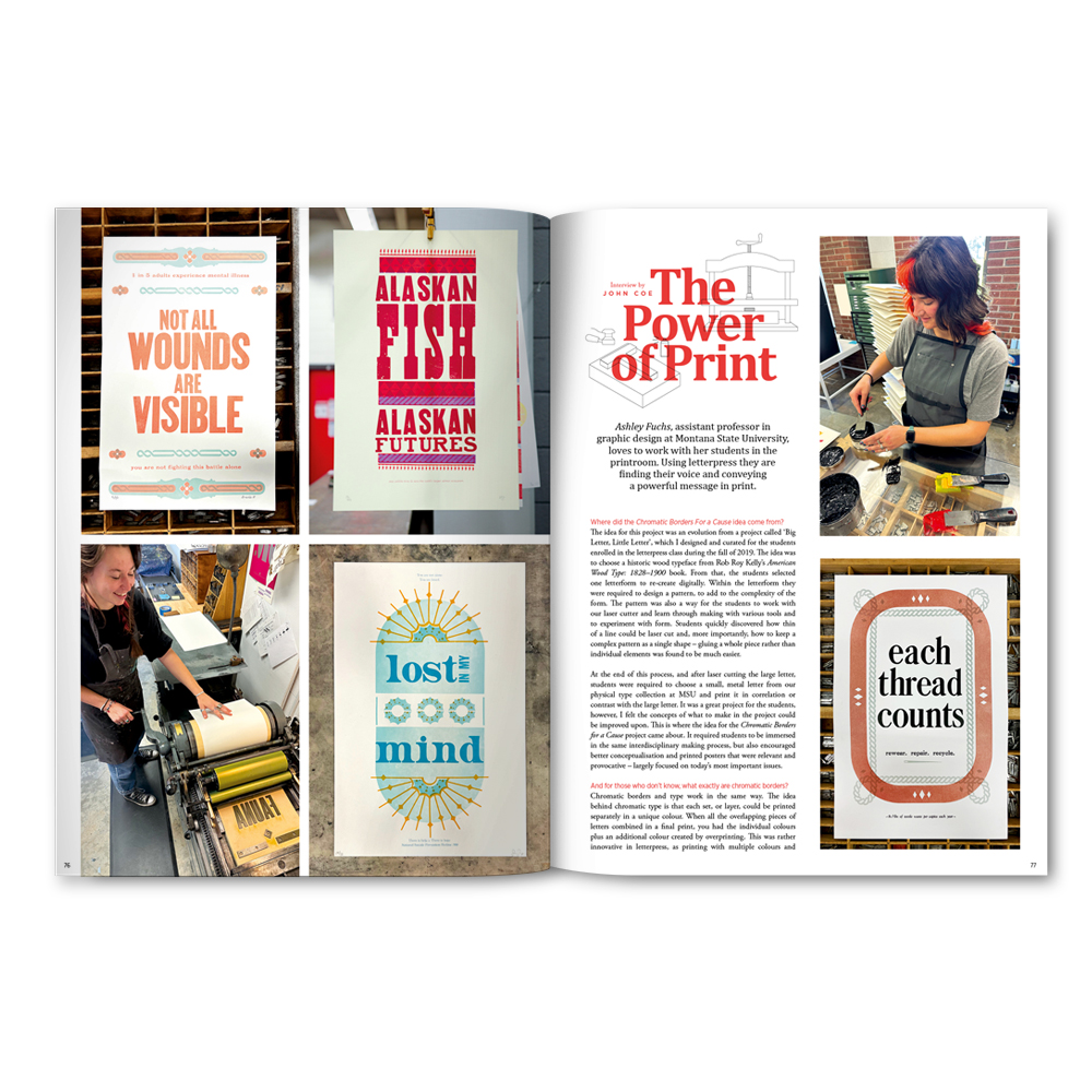 Opening spread of the article The Power of Print, showing student letterpress posters