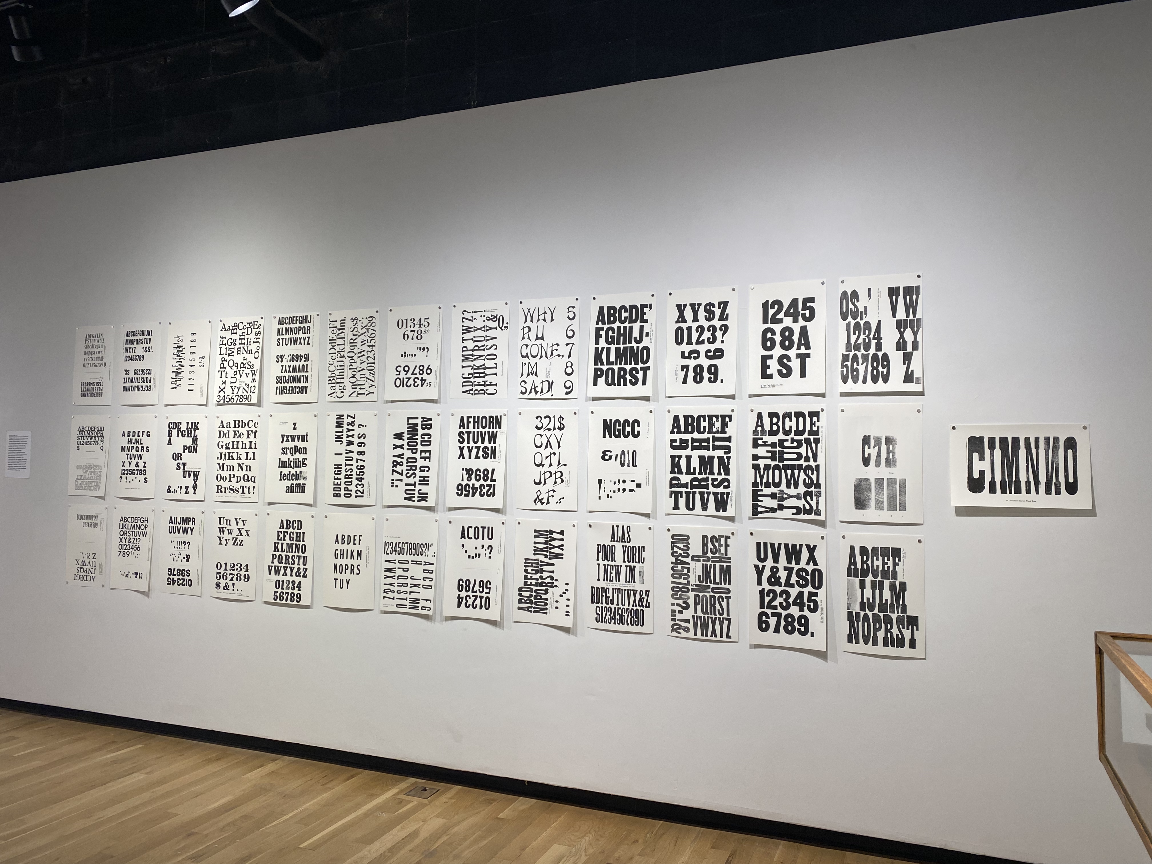 Gallery wall with rows of printed wood type specimen sheets