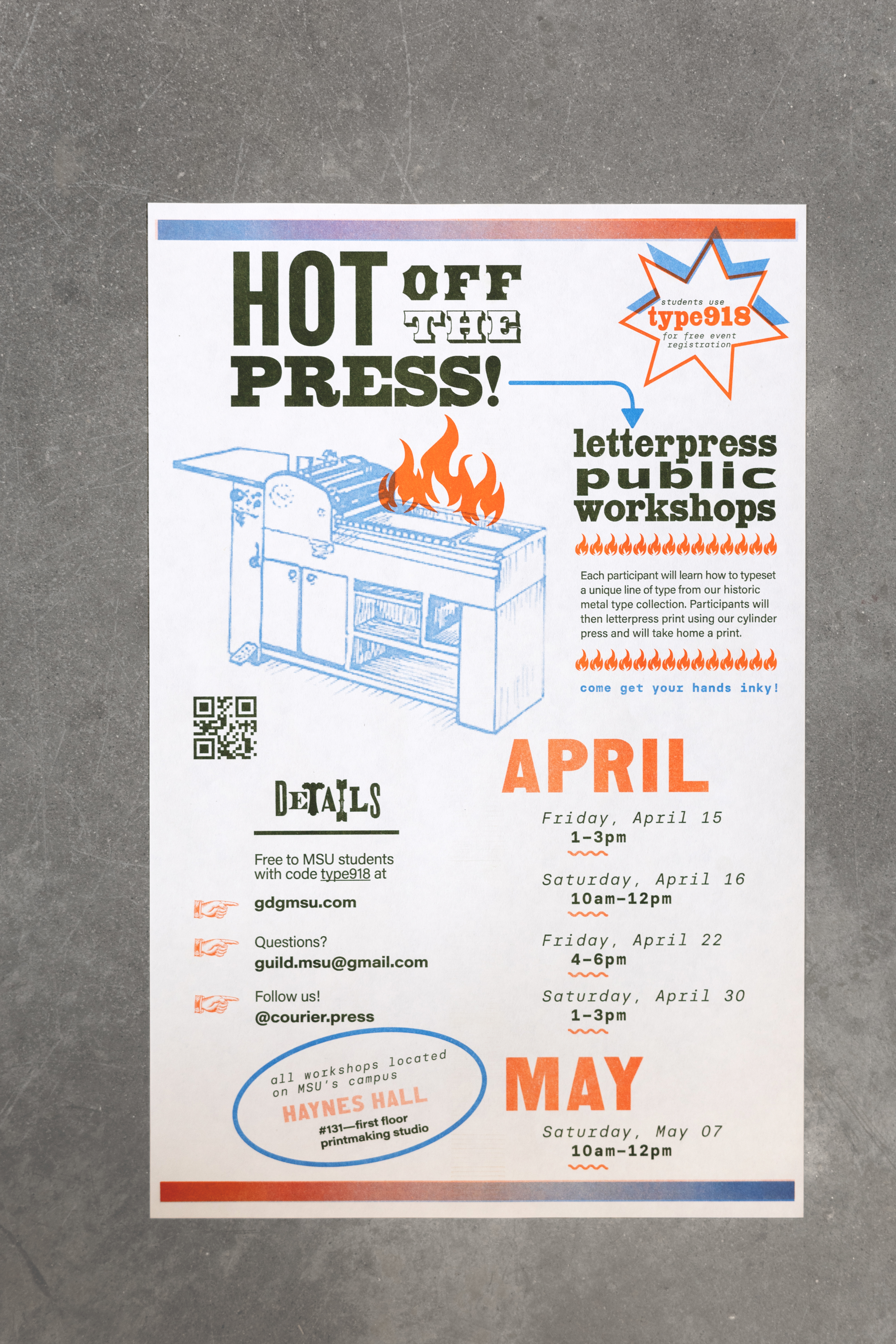 Risograph flyer: Hot off the Press! letterpress public workshops