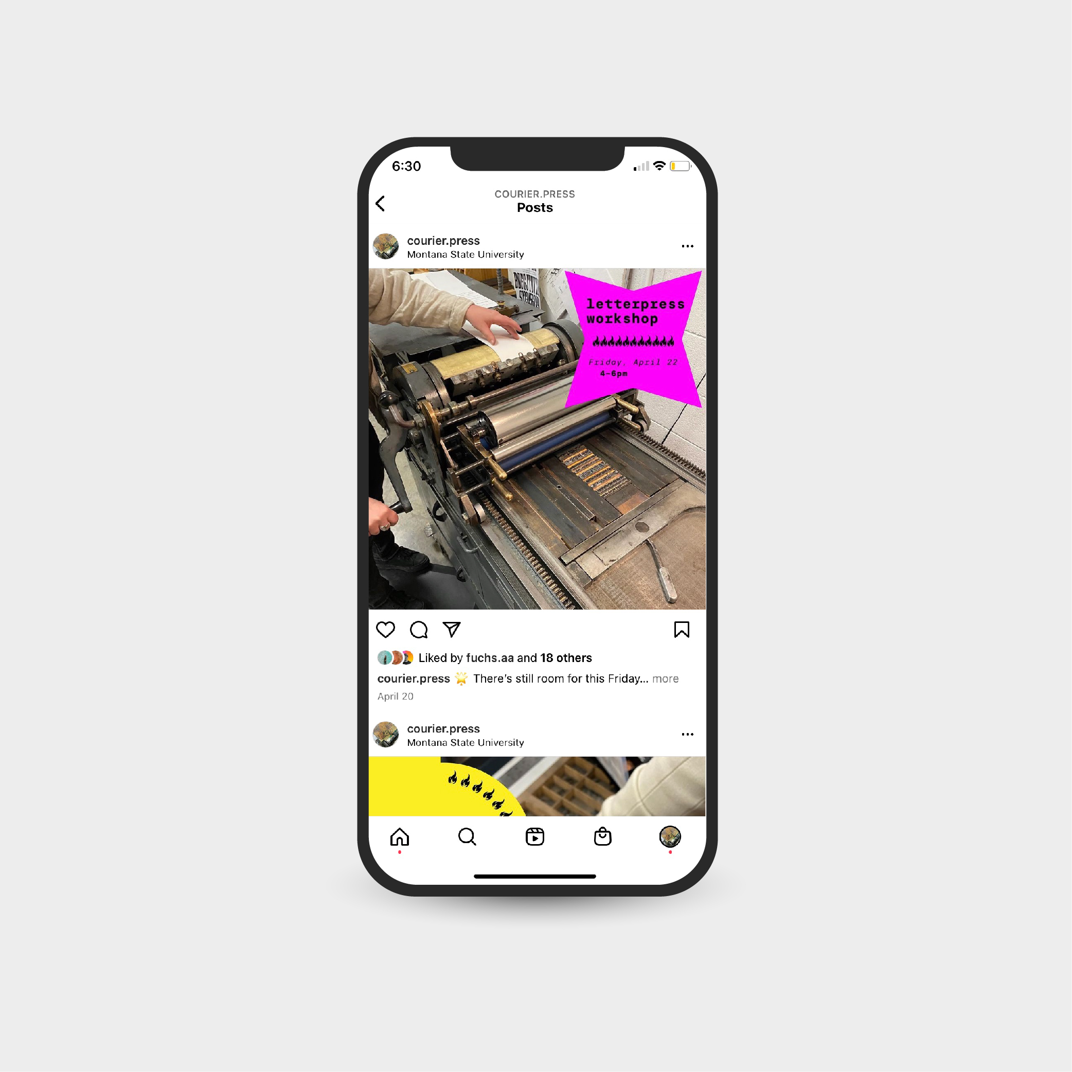 Instagram post from courier.press advertising a letterpress workshop