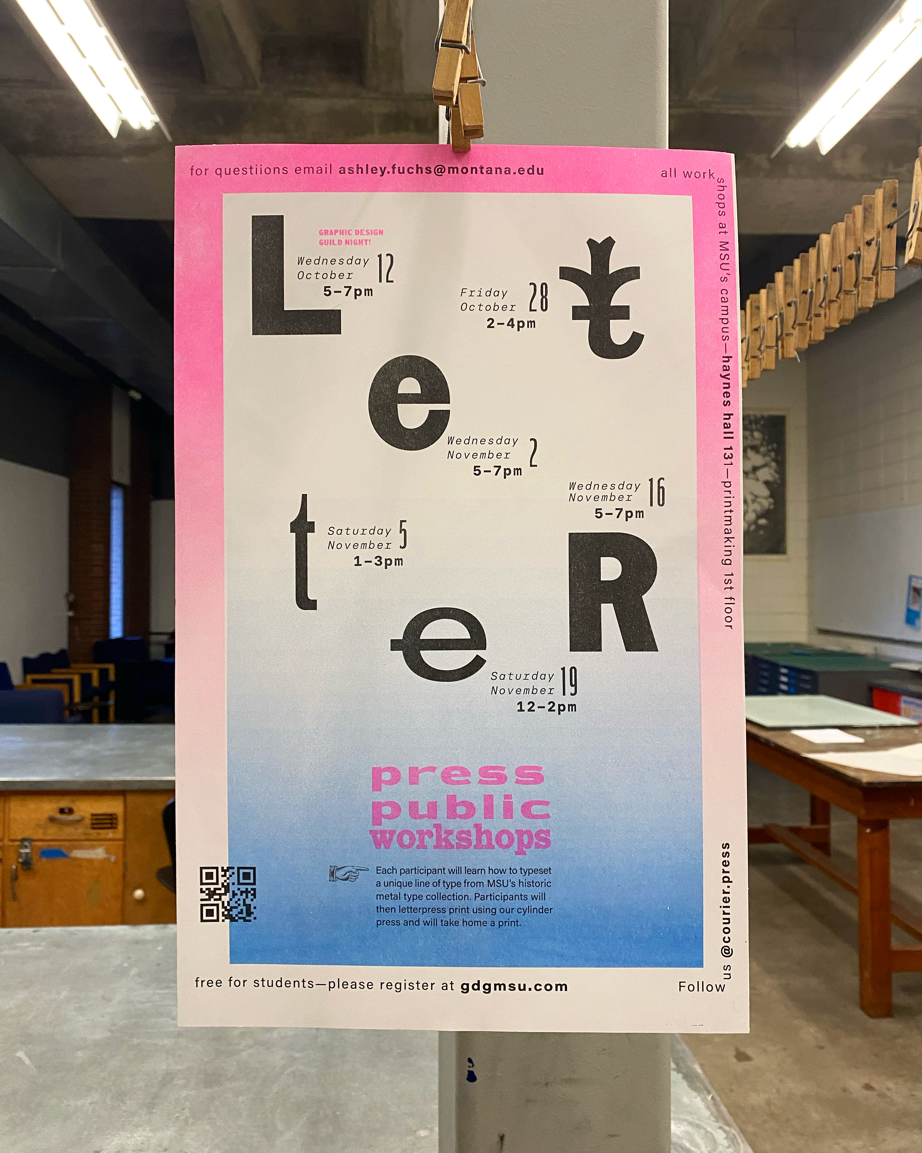 Pink and blue risograph flyer for press public workshops