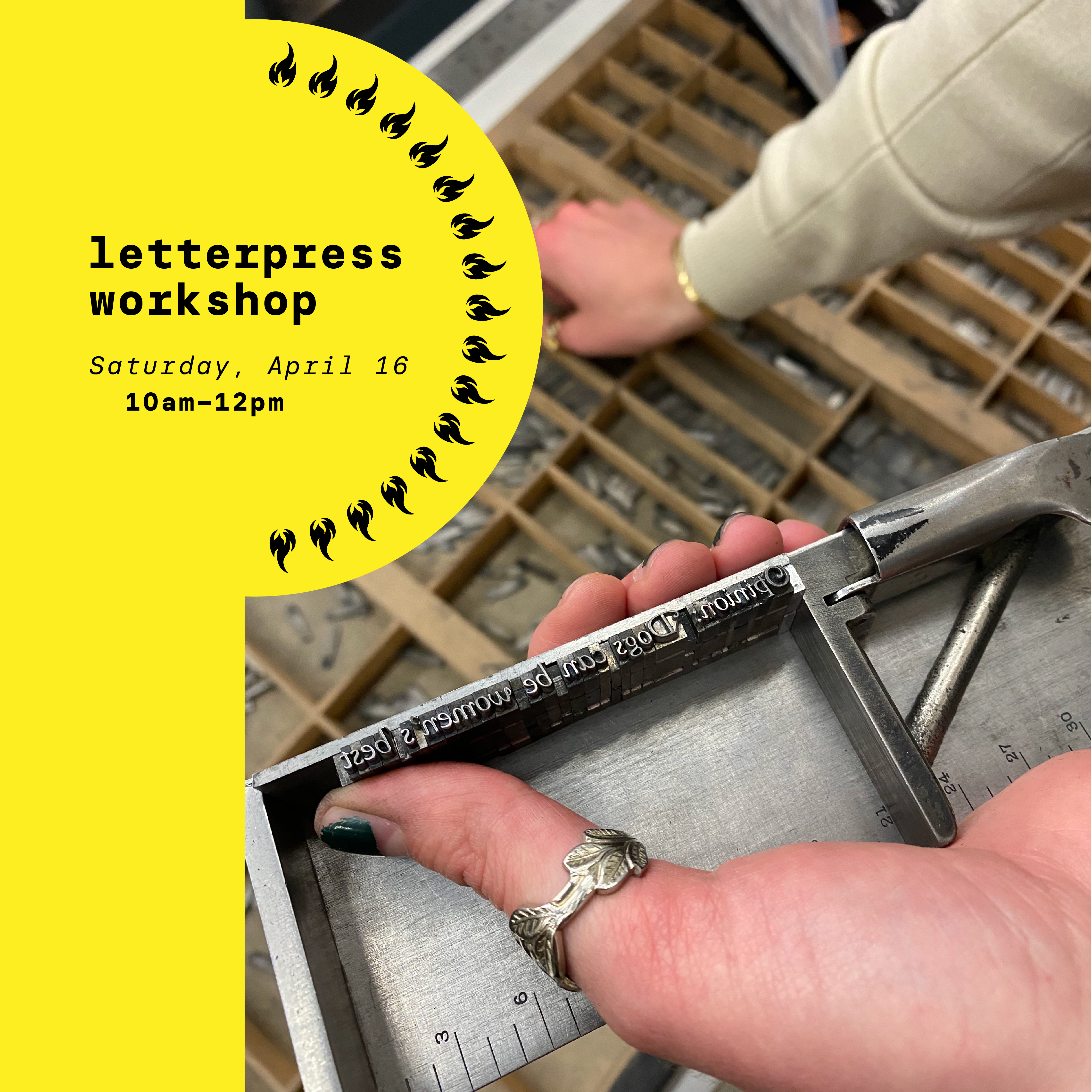 Yellow social media graphic for a letterpress workshop beside a hand holding a composing stick