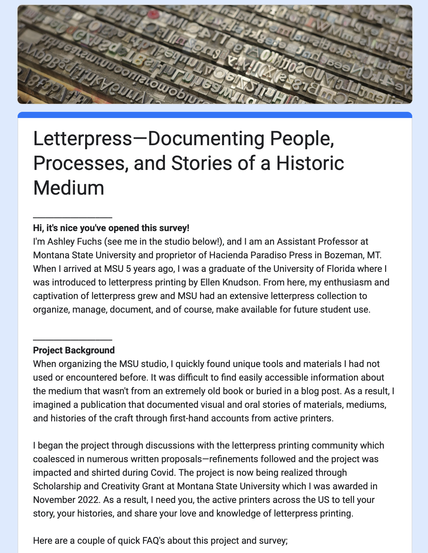 Survey page titled Letterpress, Documenting People, Processes, and Stories of a Historic Medium